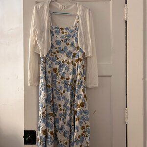 blue floral print dress with white cardigan